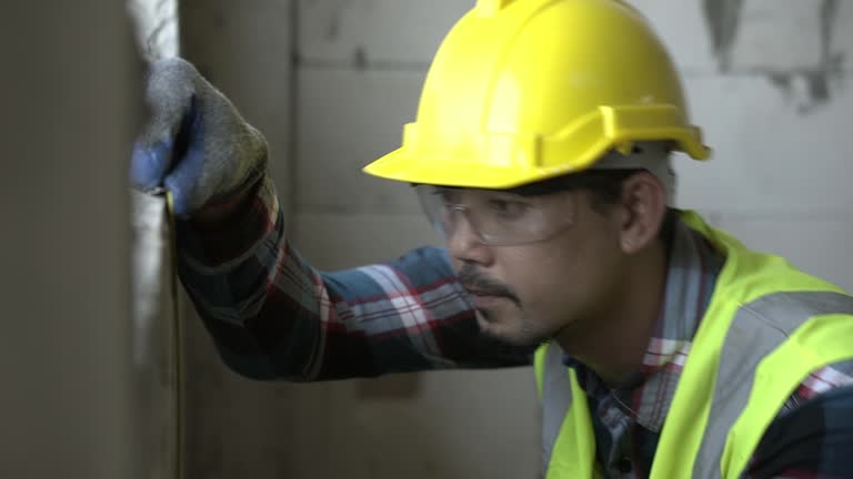 Worker asian using water level measuring instrument to install window Construction home site.