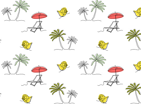 seamless pattern of a chaise longue, palm trees and seashells. Sea, vacation, islands, vacation,beach. One continuous line art