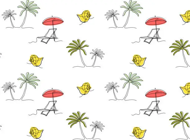 Vector illustration of seamless pattern of a chaise longue, palm trees and seashells. Sea, vacation, islands, vacation,beach. One continuous line art