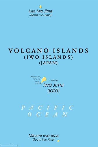 Volcano Islands, or Iwo Islands, three volcanic islands of Japan, political map. Kazan Retto with Iwo Jima, and with Kita and Minami Iwo Jima, located in the Pacific Ocean, and part of Nanpo Islands.