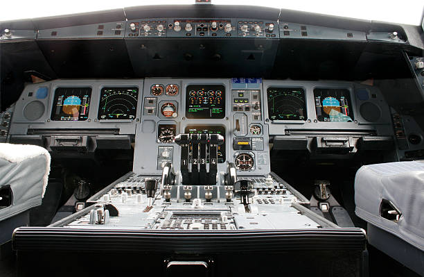 Close-up of airline flight deck and controls stock photo