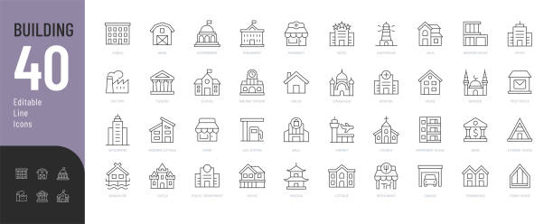 Building Line Editable Icons set. Line Vector illustration in modern thin line style of types of residential and public buildings: condo, government, school, church, e.c.t. Isolated on white. place of worship stock illustrations