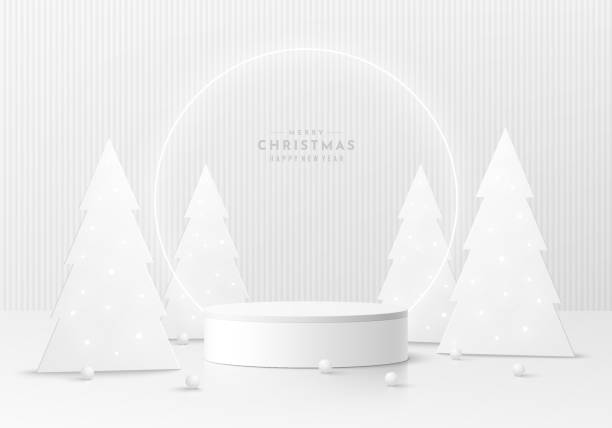 istock 3D white cylinder pedestal podium background with neon ring and white christmas tree. Mockup product display presentation. Abstract minimal scene. Stage showcase. Platforms vector geometric design. 1721965377