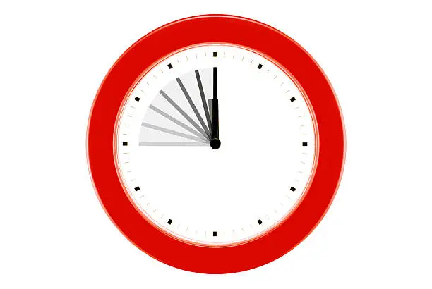 Isolated wall clock with motion-blured minute/hour hands moving up to 12 o'clock.Clipping path included around clock to help speed up your workflow a bit.  :)