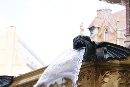 two young people playing around fountain in city center