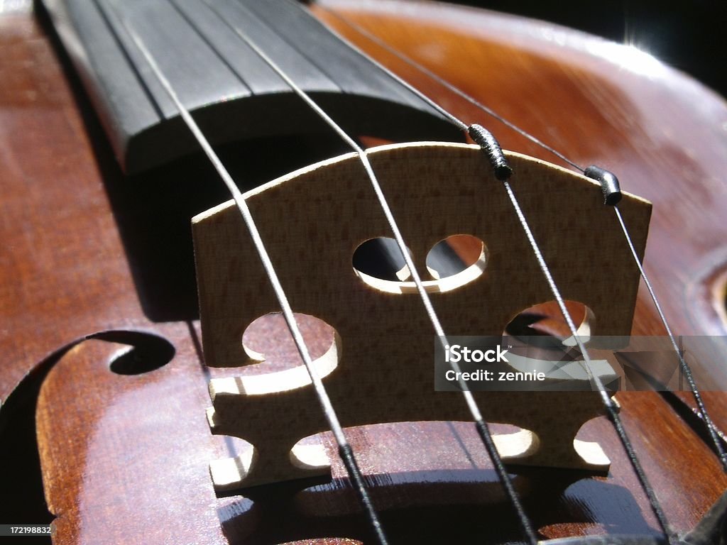 Violin From Player's Point Of View A closeup view of a violin as the violinist would see it in playing position. Musical Instrument Bridge Stock Photo