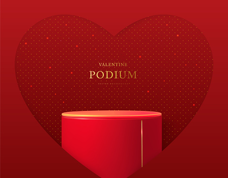 Happy Valentine`s day showcase background with 3d podium and cut out love heart shape. Vector illustration