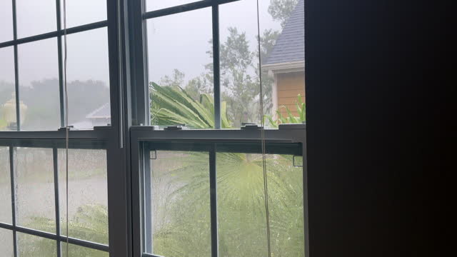 Rainy day view through house interior window