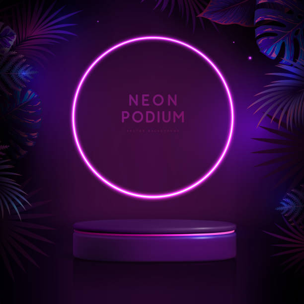 istock Fluorescent neon showcase background with 3d podium and tropic leaves.  Summer nature concept. Vector illustration 1722002686