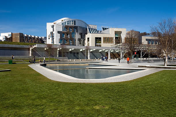 Far range photo of Scottish Parliament building on sunny day stock photo