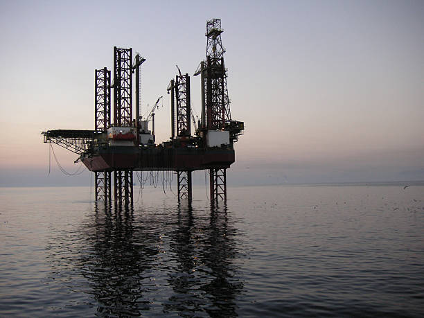 Romanian oil rig in Iranian waters at dusk, seagulls are swooping to catch fish on right of rig.