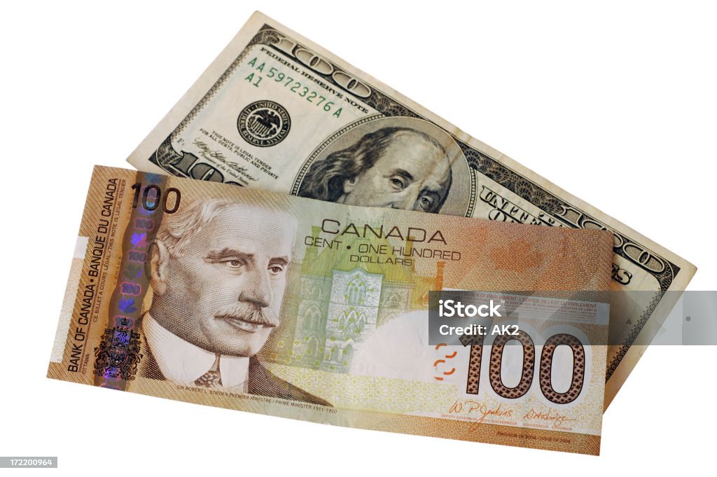 Canadese e americano banconote da 100 dollari - Foto stock royalty-free di Banconota di dollaro statunitense