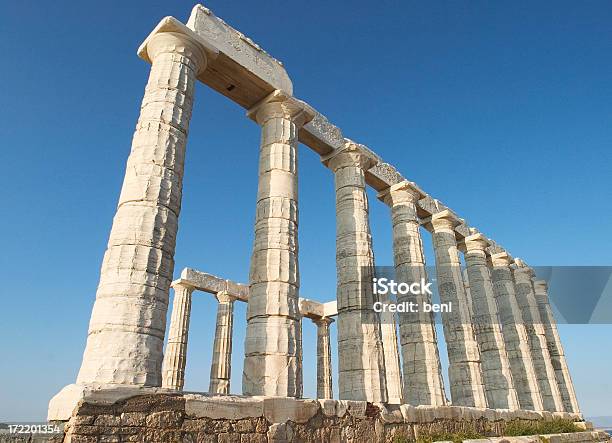 Greek Sanctuary Of Poseidon Stock Photo - Download Image Now - Ancient, Architectural Column, Blue