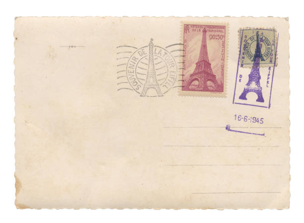Postcard with Eiffel Tower stamps Postcard with Eiffel Tower stamps with date of 16-6-1945. 1945 stock pictures, royalty-free photos & images