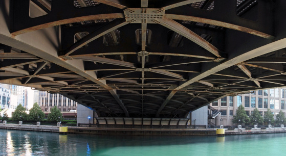 Framework under bridge along Chicago River.