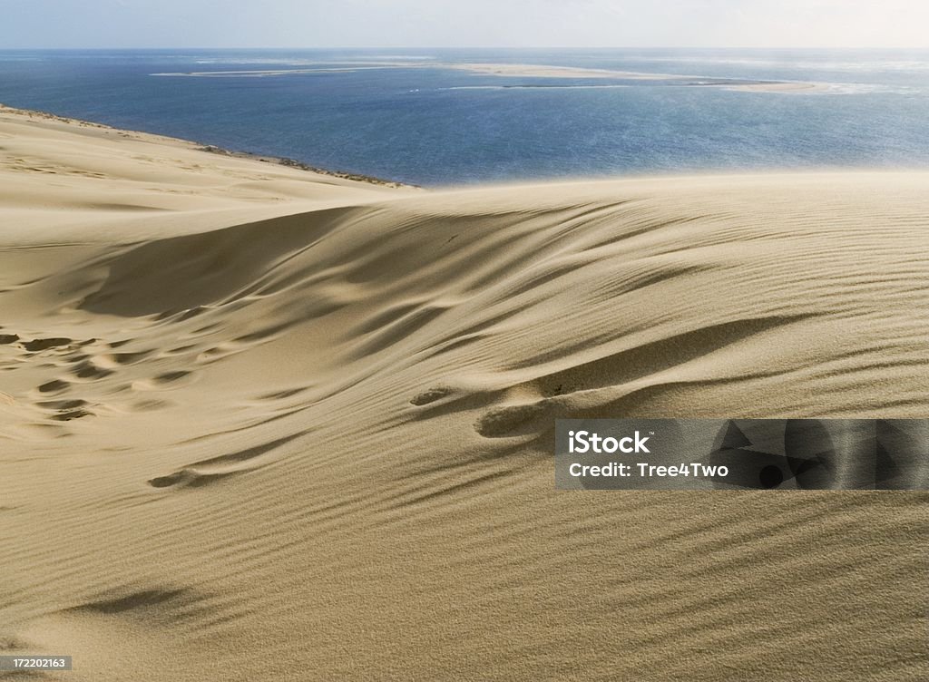 Dune of Pyla "On the top of Europe's highest dune, at the french atlantic coast near the town Arcachon. South west france, gulf of Biscaya ( Cote d'argent ). View out to the atlantic ocean with sandbanks." Dune of Pilat Stock Photo