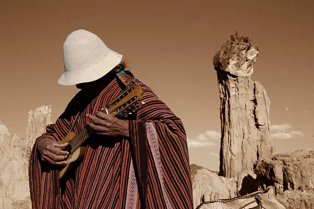 Ayamara indian playing a traditional bolivian instrument(charango).Film grain added to the background.If you liked this image,you might want to take a look at these