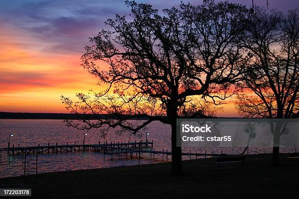 湖の日の出または日没ボート埠頭と木々 - オクラホマ州のストックフォトや画像を多数ご用意 - オクラホマ州, 湖, オレンジ色
