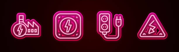 istock Set line Nuclear power plant, Lightning bolt, Electric extension and High voltage. Glowing neon icon. Vector 1722031936