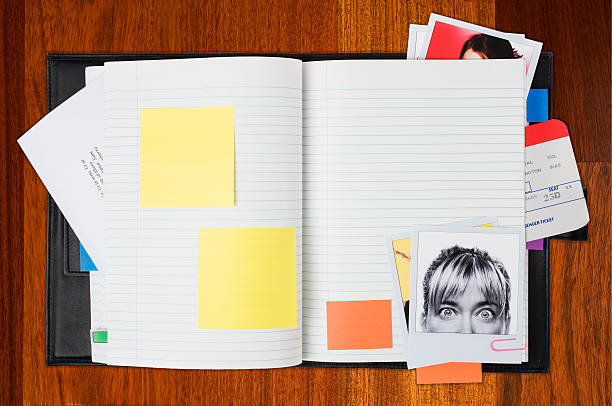 Planning your day "Open book with blank post-it, photos, boarding pass laying over red warm wood. Concepts: Planning, organizing, reminders; to do. Note that all material (images, boarding pass; document were created by us. Colored background" diary photos stock pictures, royalty-free photos & images