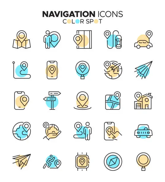 Vector illustration of Navigation - Thin Line Vector Color Spot Icon Set - Pixel Perfect, Editable Stroke - Location, Map, Pin, GPS, Compass, Pointer