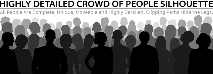 Crowd of people silhouette. All people are complete and moveable. Clipping paths hide the legs.