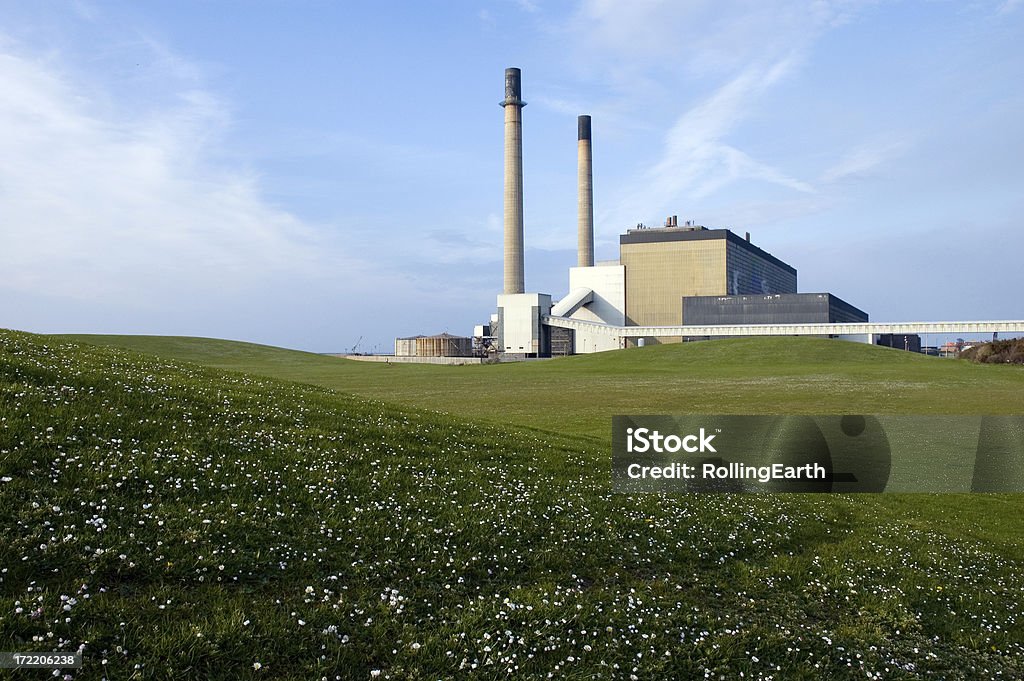 Big lawn with power station at the background A power station with lawn and flowers in the foreground. Factory Stock Photo