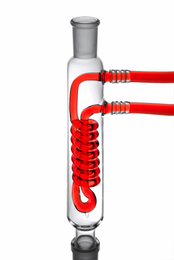 A condenser with red cooling fluid