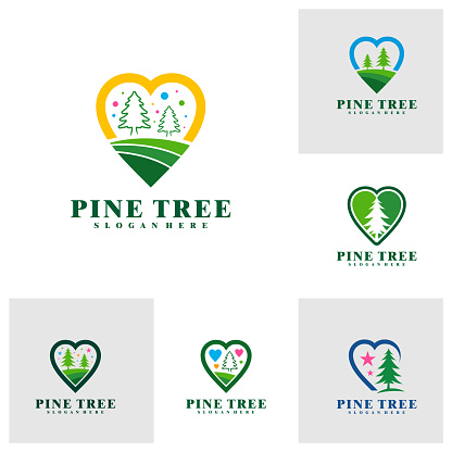 Set of Pine Tree with Love symbol design vector. Creative Pine Tree symbol concepts template