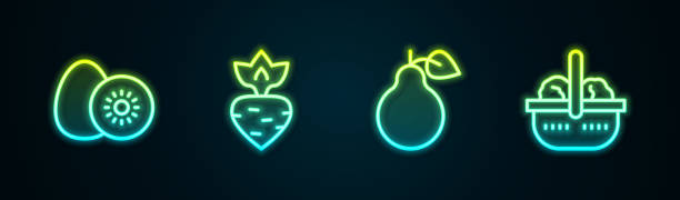 istock Set line Kiwi fruit, Turnip, Pear and Basket and food. Glowing neon icon. Vector 1722076132