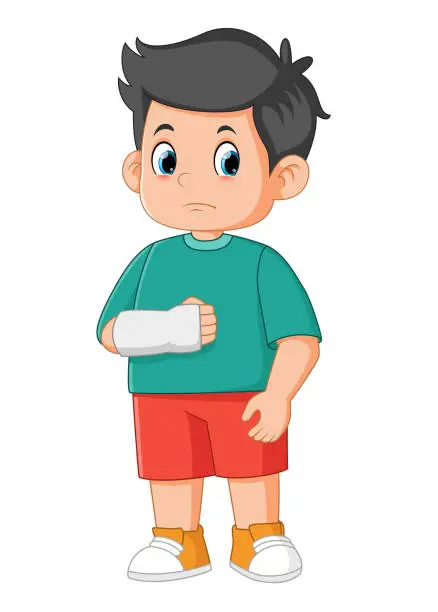 Vector illustration of Cartoon little boy with broken arm