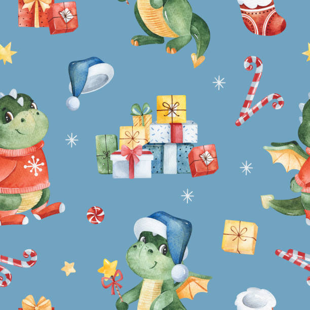 ilustrações de stock, clip art, desenhos animados e ícones de watercolor merry christmas seamless background with candy,gift boxes,christmas sock,stars and cute dragons - gift box packaging drawing illustration and painting