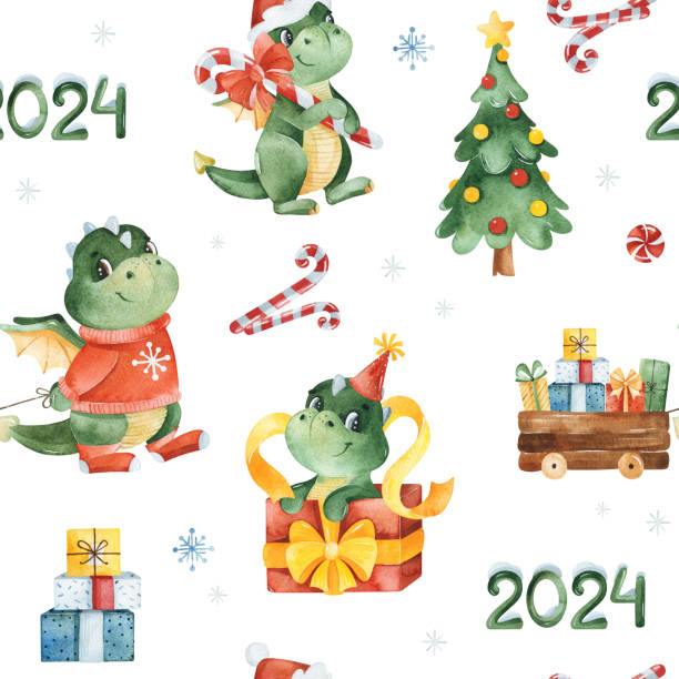 ilustrações de stock, clip art, desenhos animados e ícones de watercolor merry christmas seamless background with candy,gift boxes,christmas tree,stars and cute dragons - gift box packaging drawing illustration and painting