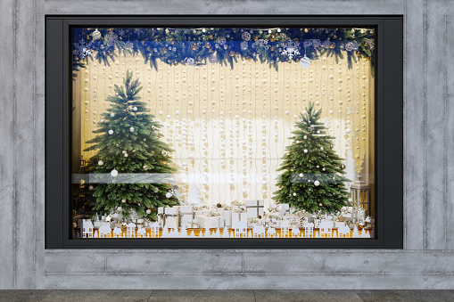 Christmas Store Window Display With Christmas Decoration And Gift Boxes