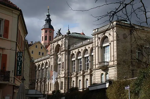 Building of a one of the thermal spas in Baden-Baden, Germany. Dramatic scene as the weather changes from sunny to stormy.