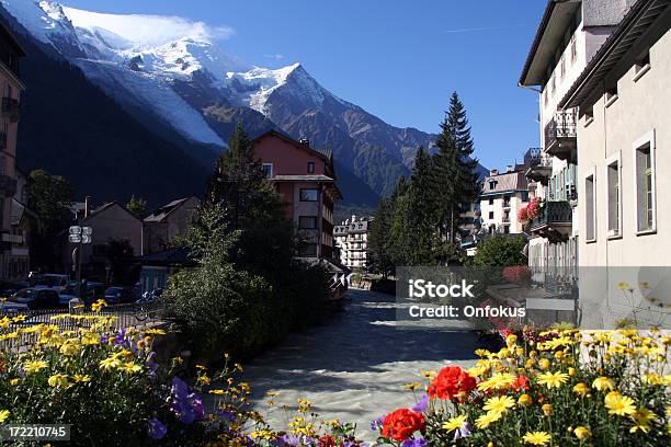City Of Chamonix And Flowers In Summer Stock Photo - Download Image Now - Autumn, Chamonix, Blue