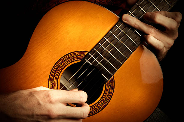 Two hands playing acoustic guitar