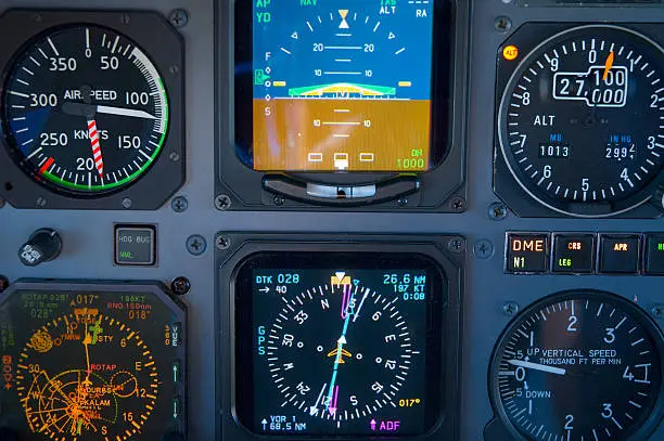 The primary flight instruments of a PC12 glass cockpit aircraft.Click