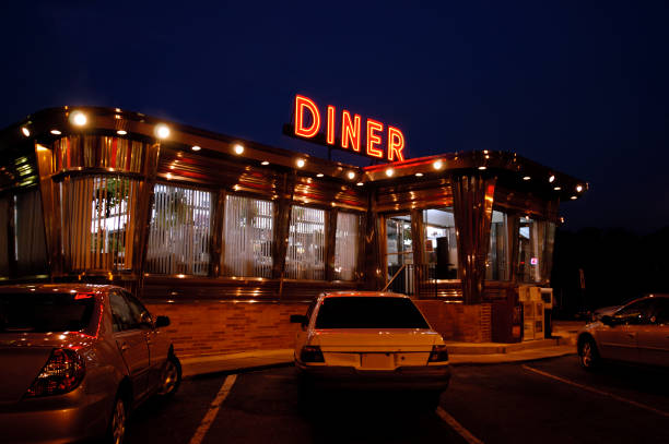 diner-at night "Camden, NJElgin diner Est. 1958. Interiors of diners are shown throughout my port.Similar diner imagery." dining photos stock pictures, royalty-free photos & images