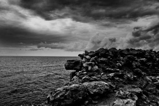 Ancient wall overlooking sea view.