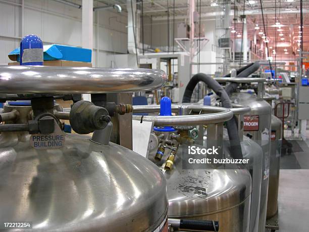 Multiple Industrial Nitrogen Tanks Inside An Industry Stock Photo - Download Image Now