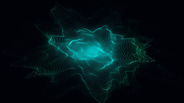 istock Glowing wave with motion dots and top view. Abstract digital background. Particle explosion. Concept connection big data. Futuristic technology backdrop. 3D rendering. 1722124371