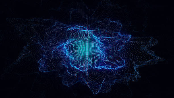 Glowing wave with motion dots and top view. Abstract digital background. Particle explosion. Concept connection big data. Futuristic technology backdrop. 3D rendering.