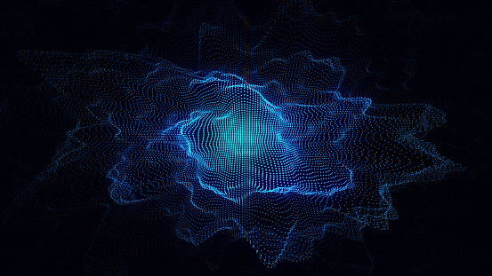 Glowing blue wave with motion dots and top view. Abstract digital background. Particle explosion. Concept connection big data. Futuristic technology backdrop. 3D rendering.