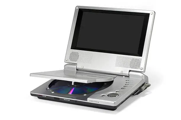 "Portable DVD player with wide LCD screen, isolated (clipping+screen paths included)."