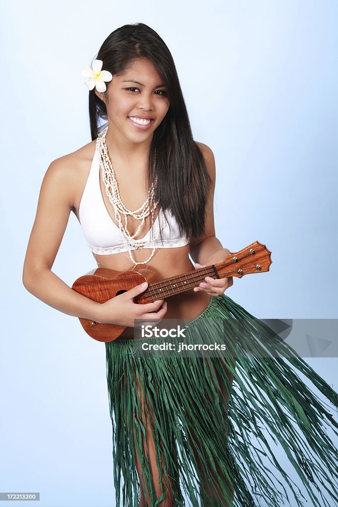 Bailarina de Hula en azul con Ukulele de - Foto de stock de 20 a 29 años libre de derechos