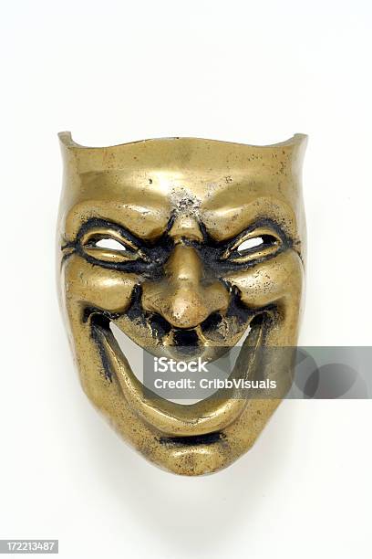 Comedy Brass Mask On White Background Stock Photo - Download Image Now - Acting - Performance, Actor, Antique