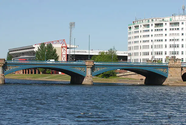 "Along the banks of the River Trent are the famous brideg, the Nottingham Forest City Ground and Rushcliffe offices."