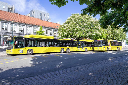 Trondheim, Norway - June 9, 2017: AtB busses at the stop Munkegata.