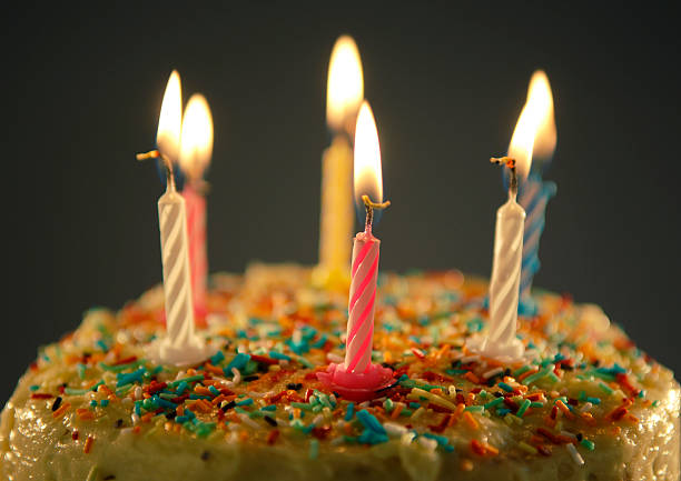 istock Birthday Cake With Sprinkles and Six Lit Candles 172214175
